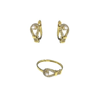 JUEGO COMUNION ORO AMARILLO PENDIENTES Y ANILLO FORMA HEBILLA CON CIRCONITAS CIERRE CATALAN
