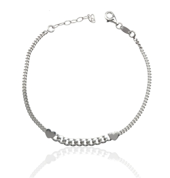 PULSERA MUJER PLATA DE LEY 925 ESLABÓN BARBADO 2 CORAZONES LARGO AJUSTABLE 17-20 CENTÍMETROS CIERRE MOSQUETÓN