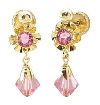 PENDIENTES NIÑA ORO AMARILLO 18 KILATES ARQUILLO CON CRISTAL ROSA CIERRE TORNILLO TAMAÑO 20 MILÍMETROS