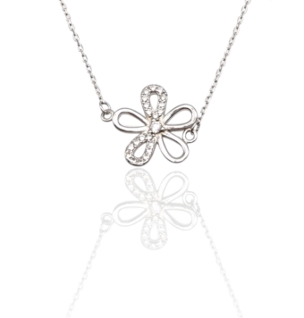 COLLAR MUJER PLATA DE LEY 925 RODIADO ESLABÓN FORZADO 42+3 CENTÍMETROS CON FLOR FIJA EN EL CENTRO DOS PETALOS CON CIRCONITAS BLA