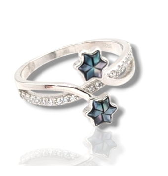 ANILLO MUJER PLATA DE LEY 925 RODIADO ENTRELAZADO DE CIRCONITAS BLANCAS ENGASTADAS CON DOS ESTRELLAS DE 5 MILÍMETROS Y NACAR AZU