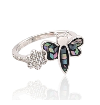 ANILLO MUJER PLATA DE LEY 925 RODIADO CON CIRCONITAS BLANCAS ENGASTADAS MARIPOSA DE NACARA VERDE VIOLETA Y NEGRO 13X13 MILÍMETRO