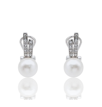 PENDIENTES ATLÁNTIDA MUJER PLATA DE LEY 925 PERLA BLANCA 8.5 MILÍMETROS DOS BARRAS CIRCONITAS BLANCAS CIERRE OMEGA