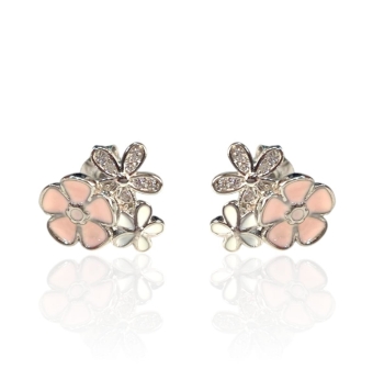 PENDIENTES FLORALES PLATA DE LEY 925 TRES FLORES ESMALTE BLANCO ROSA Y CIRCONITAS BLANCAS 11X12 MILÍMETROS