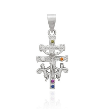 COLGANTE CRUZ DE CARAVACA PLATA DE LEY 925 CRISTO Y ÁNGELES CIRCONITAS MULTICOLOR 18X10.5 MILÍMETROS