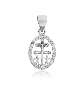 COLGANTE CRUZ DE CARAVACA PLATA DE LEY 925 CERCO OVALADO CIRCONITAS BLANCAS 16X20 MILÍMETROS