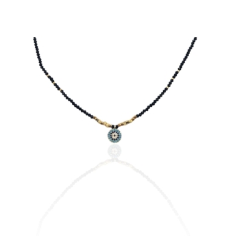 COLLAR MUJER BISUTERIA CUENTAS NEGRAS Y DORADAS CON COLGANTE OJO TURCO CON PIEDRAS AZULES BLANCAS Y TURQUESAS LARGO AJUSTABLE 41