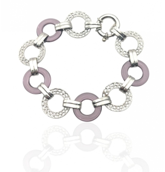 PULSERA MUJER PLATA DE LEY 925 CIRCULOS DE PLATA UNIDOS CON ESLABONES Y CIRCULOS DE PLASTICO COLOR LILA19 MILÍMETROS LARGO 20.5
