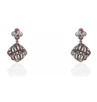 PENDIENTES MUJER PLATA DE LEY 925 FORMA ROMBO CON PIEDRAS ROJAS Y BLANCAS 30 MILÍMETROS CIERRE OMEGA