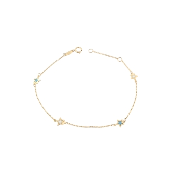 PULSERA MUJER ORO AMARILLO 18 KILATES ESLABONES Y CUATRO ESTRELLAS ESMALTADAS AZUL Y BLANCO LARGO AJUSTABLE 15.5-17.5 MILÍMETROS