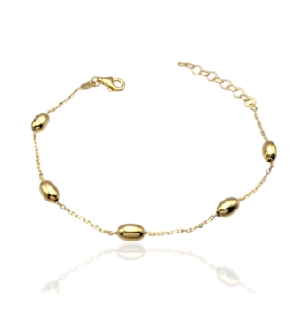 PULSERA PLACARI MUJER PLATA DE LEY 925 CHAPADO DORADO ESLABÓN FORZADO 1 MILÍMETRO CON CINCO BOLAS OVALADAS 4X6 MILÍMETROS LARGO
