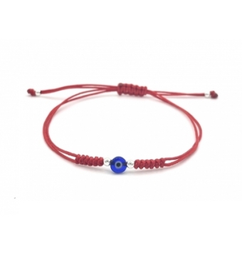 PULSERA PLATA DE LEY 925 NYLON ROJO CON OJO TURCO AZUL Y CUATRO BOLITAS PLATA NUDO CORREDIZO
