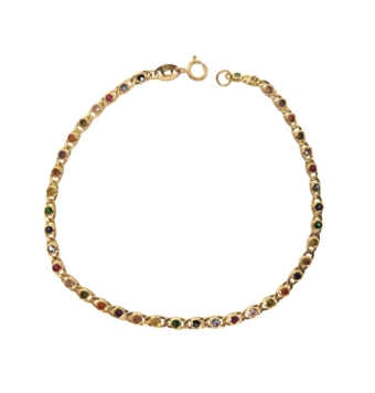 PULSERA ORO AMARILLO 18 KILATES ESLABONES CON CIRCONITAS MULTICOLOR ANCHO 2.7 MILÍMETROS LARGO 17.5 CENTÍMETROS