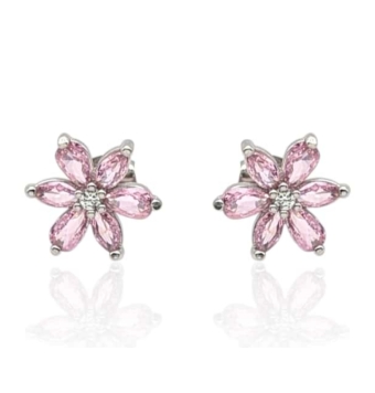 PENDIENTES MUJER PLATA DE LEY 925 FLOR SEIS PÉTALOS PIEDRAS ROSAS Y CIRCONITA BLANCA 13 MILÍMETROS CIERRE PRESIÓN