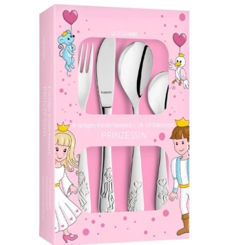 CUBIERTOS ACERO INOXIDABLE 4 CUBIERTOS TENEDOR CUCHILLO Y DOBLE CUCHARA CON GRABADOS DE PRINCESA PRINCIPE RATÓN Y PAJARO