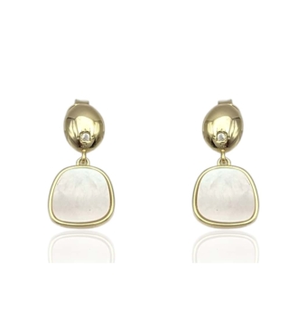 PENDIENTES LARGOS PLACARI MUJER PLATA DE LEY 925 CHAPADO DORADO PERLA PLANA EN FORMA DE CUADRADO CURVADO 20X10 MILÍMETROS CIERRE