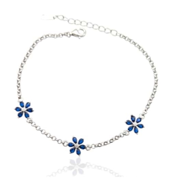 PULSERA MUJER PLATA DE LEY 925 ROLÓ TRES FLORES 7 MILÍMETROS PIEDRAS AZUL MARINO Y CIRCONITA BLANCA LARGO AJUSTABLE 17-20 CENTÍM