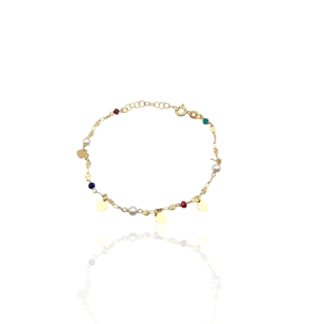 PULSERA MUJER PLATA DE LEY 925 CHAPADO DORADO CON PERLAS CORAZONES Y BOLAS AZUL ROJO Y MORADO LARGO 17+3 CENTÍMETROS AJUSTABLE