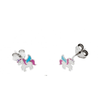 PENDIENTES NIÑA PLATA DE LEY 925 UNICORNIO ESMALTE ROSA BLANCO Y AZUL MILÍMETROS CIERRE PRESIÓN