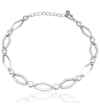 PULSERA MUJER PLATA DE LEY 925 RODIADA ARTICULADA ESLABONES FORMA ROMBO LISOS Y CIRCONITAS BLANCAS ALTERNOS CHATONES CIRCONITA B