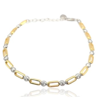 PULSERA MUJER PLATA DE LEY 925 RODIADA BICOLOR ESLABONES ALARGADOS CHAPADOS DORADO Y CHATONES CIRCONITAS BLANCAS LARGO AJUSTABLE