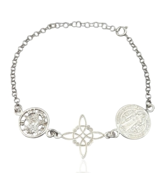 PULSERA AMULETOS PLATA DE LEY 925 MEDALLA SAN BENITO 15 MILÍMETROS NUDO DE BRUJA 19 MILÍMETROS Y TETRAGRAMATON 18 MILÍMETROS LA
