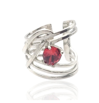 SORTIJA ABIERTA MUJER PLATA DE LEY 925 ANCHO 20 MILÍMETROS BARRAS CRUZADAS CON CRISTAL SWAROVSKI COLOR ROJO