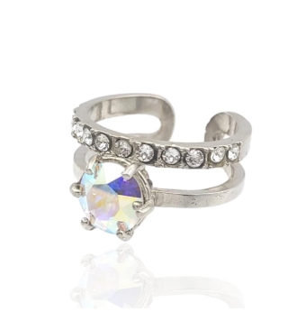 SORTIJA ABIERTA MUJER PLATA DE LEY 925 DOBLE LISO Y CIRCONITAS BLANCAS CON CRISTAL SWAROVSKI DESTELLOS MULTICOLOR