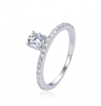 ANILLO SOLITARIO MUJER PLATA DE LEY 925 RODIADA PIEDRA BLANCA 5 MILÍMETROS CUATRO GARRAS MEDIA ALIANZA CIRCONITAS BLANCAS ANCHO
