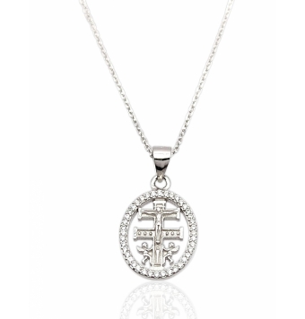 COLLAR MUJER PLATA DE LEY 925 RODIADO CRUZ DE CARAVACA CERCO DE CIRCONITAS BLANCAS 20X13 MILÍMETROS CADENA FORZADA 1 MILÍMETROS