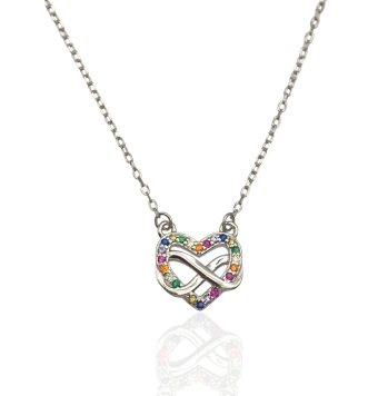 GARGANTILLA MUJER PLATA DE LEY 925 SILUETA CORAZÓN CIRCONITAS MULTICOLOR E INFINITO LISO ENTRELAZADOS LARGO AJUSTABLE 42-45 CENT