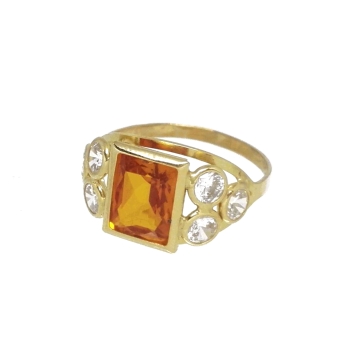 SORTIJA ORO AMARILLO PIEDRA CUADRADA NARANJA Y SEIS CIRCONITAS BLANCAS