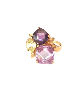 SORTIJA ORO AMARILLO PIEDRAS COLOR AMATISTA VIOLETA Y AMARILLO CON DOS CIRCONITAS