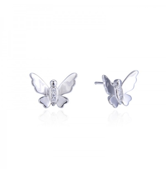 PENDIENTES FORMA DE MARIPOSA CON 3 CIRCONITAS 11X13 MILIMETROS CIERRE PRESION PLATA DE LEY 925