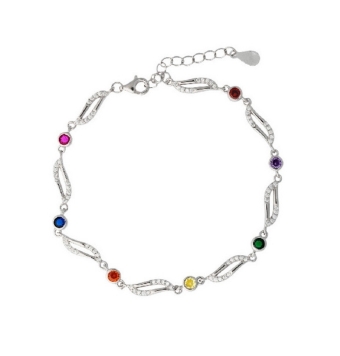 PULSERA MUJER PLATA DE LEY 925 BAÑO RODIO ESLABONES ONDAS CIRCONITAS BLANCAS CON CHATONES MULTICOLOR LARGO AJUSTABLE 17.5-20.5 C