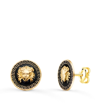 PENDIENTES UNISEX ORO AMARILLO 18 KILATES REDONDOS CON MEDUSA Y ESMALTE NEGRO 10 MILÍMETROS