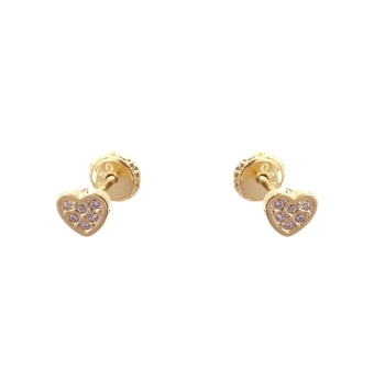 PENDIENTES BEBÉ/NIÑA ORO AMARILLO 18 KILATES CORAZÓN 4X4.5 MM CIRCONITAS CIERRE TORNILLO