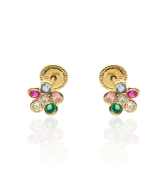 PENDIENTES INFANTILES FORMA DE FLOR CON CIRCONITAS MULTICOLOR ORO AMARILLO 18 KILATES CIERRE TORNILLO