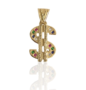 COLGANTE DÓLAR ORO AMARILLO 18 KILATES CIRCONITAS MULTICOLOR ACABADO MATE/BRILLO 20X16 MILÍMETROS (30 MILÍMETROS CON REASA)