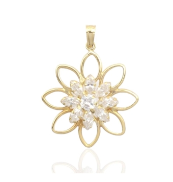 COLGANTE MUJER ORO AMARILLO 18 KILATES FORMA PÉTALOS DE FLOR 8 PUNTAS CON CIRCONITAS BLANCAS FORMA DE FLOR 28 MILÍMETROS