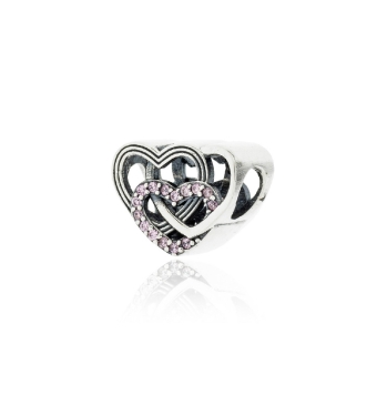 CHARM ABALORIO PLATA DE LEY 925 TRES CORAZONES ENTRELAZADOS CIRCONITAS COLOR ROSA