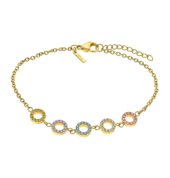 PULSERA LOTUS STYLE MUJER ACERO CHAPADO DORADO CON 5 DONUTS CON CIRCONITAS DE COLOR LARGO AJUSTABLE 17-20 CENTÍMETROS