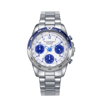 PACK RELOJ VICEROY MULTIFUNCIÓN NIÑO COMUNIÓN CAJA ACERO 36 MILÍMETROS BISEL BICOLOR AZUL Y BLANCO ESFERA BLANCA CADENA ACERO PU