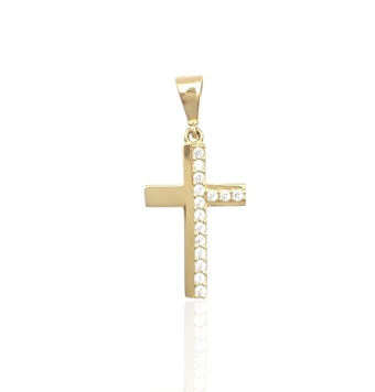 COLGANTE CRUZ MUJER ORO AMARILLO 18 KILATES 2.5X11X17 MILÍMETROS MITAD LISO MITAD CIRCONITAS BLANCAS