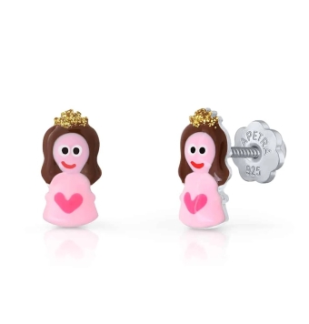 PENDIENTES LAPETRA PLATA DE LEY 925 PRINCESA ESMALTE ROSA MARRÓN Y CORONA CON PURPURINA 10X5 MILÍMETROS CIERRE ROSCA