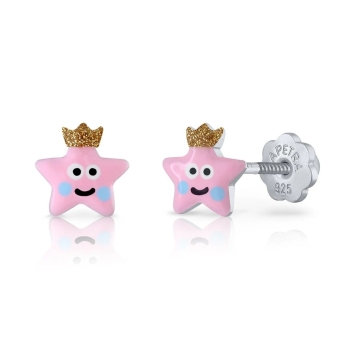 PENDIENTES LAPETRA PLATA DE LEY 925 ESTRELLA ESMALTE ROSA CON CORONA EN AMARILLO PURPURINA 7X7 MILÍMETROS CIERRE ROSCA