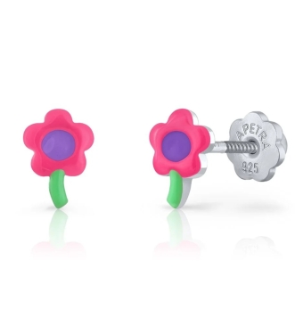 PENDIENTES LAPETRA PLATA DE LEY 925 FLOR ESMALTE FUCSIA ROSA Y LILA 7X5 MILÍMETROS CIERRE ROSCA