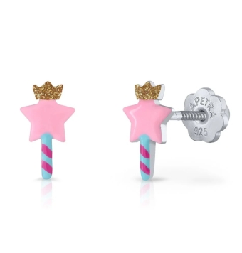 PENDIENTES LAPETRA PLATA DE LEY 925 VARITA MÁGICA ESTRELLA ROSA CON PURPURINA Y CORONA EN AMARILLO 8X5 MILÍMETROS CIERRE ROSCA