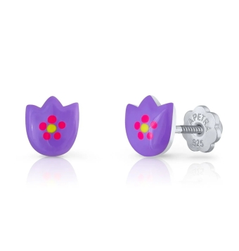 PENDIENTES LAPETRA PLATA DE LEY 925 TULIPÁN ESMALTE LILA 7X6 MILÍMETROS CIERRE ROSCA