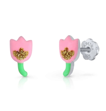 PENDIENTES LAPETRA PLATA DE LEY 925 TULIPÁN CON RAMO ESMALTE ROSA Y VERDE CON PURPURINA AMARILLA 9X5 MILÍMETROS CIERRE ROSCA
